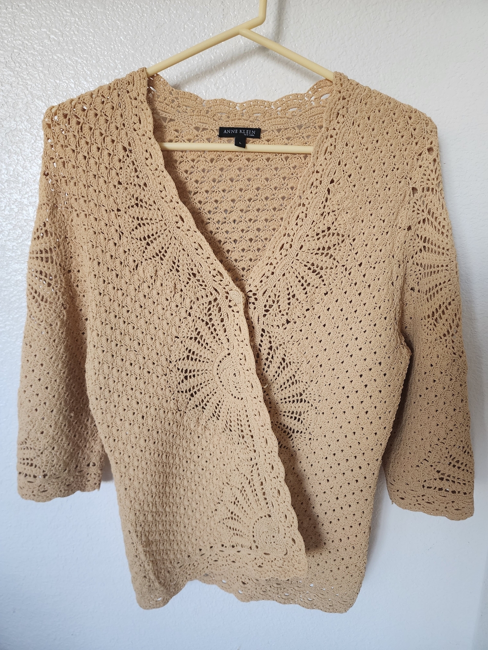Anne Klein Mustard Crochet Open Front Cardigan Size L